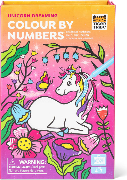 Color by numbers kit for children with a unicorn design on the packaging.