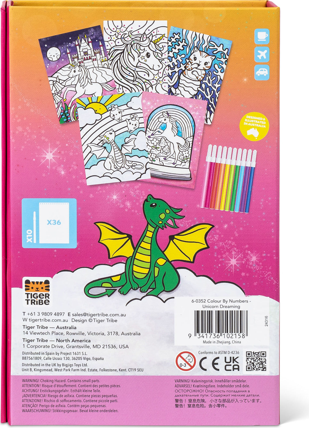 Coloring book set with dragons and unicorns on a pink cover, featuring Tiger Tribe branding.