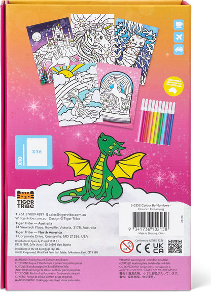 Coloring book set with dragons and unicorns on a pink cover, featuring Tiger Tribe branding.