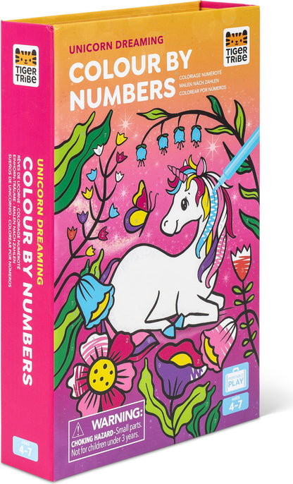 Color by numbers kit with unicorn design on a pink and purple box