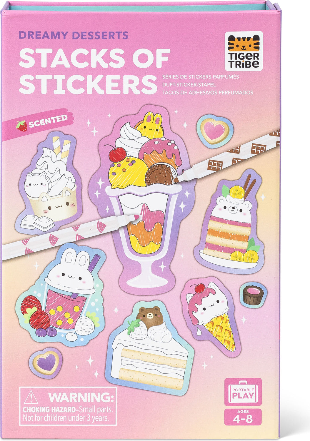 Packaging of 'Dreamy Desserts Stacks of Stickers' by Tiger Tribe with colorful dessert-themed stickers.