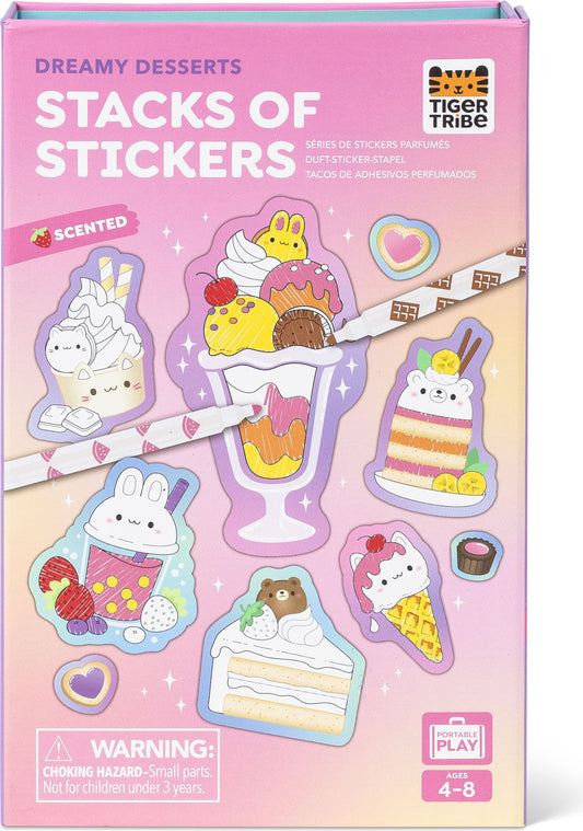 Packaging of 'Dreamy Desserts Stacks of Stickers' by Tiger Tribe with colorful dessert-themed stickers.