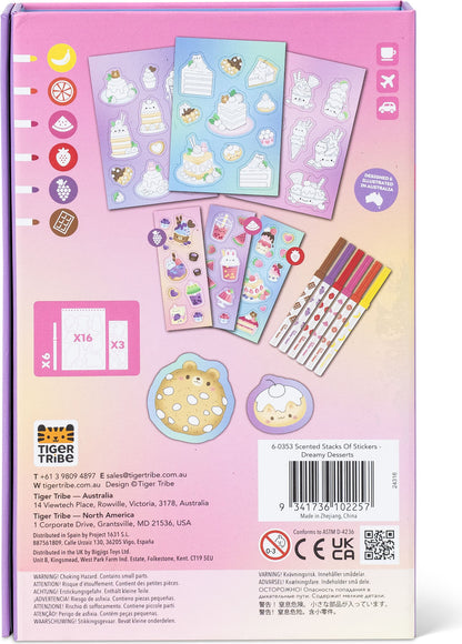 Back cover of a product packaging with stickers and pen set on a pink background