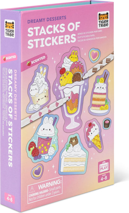 Packaging of 'Dreamy Desserts Stacks of Stickers' by Tiger Tribe with colorful illustrations of desserts.