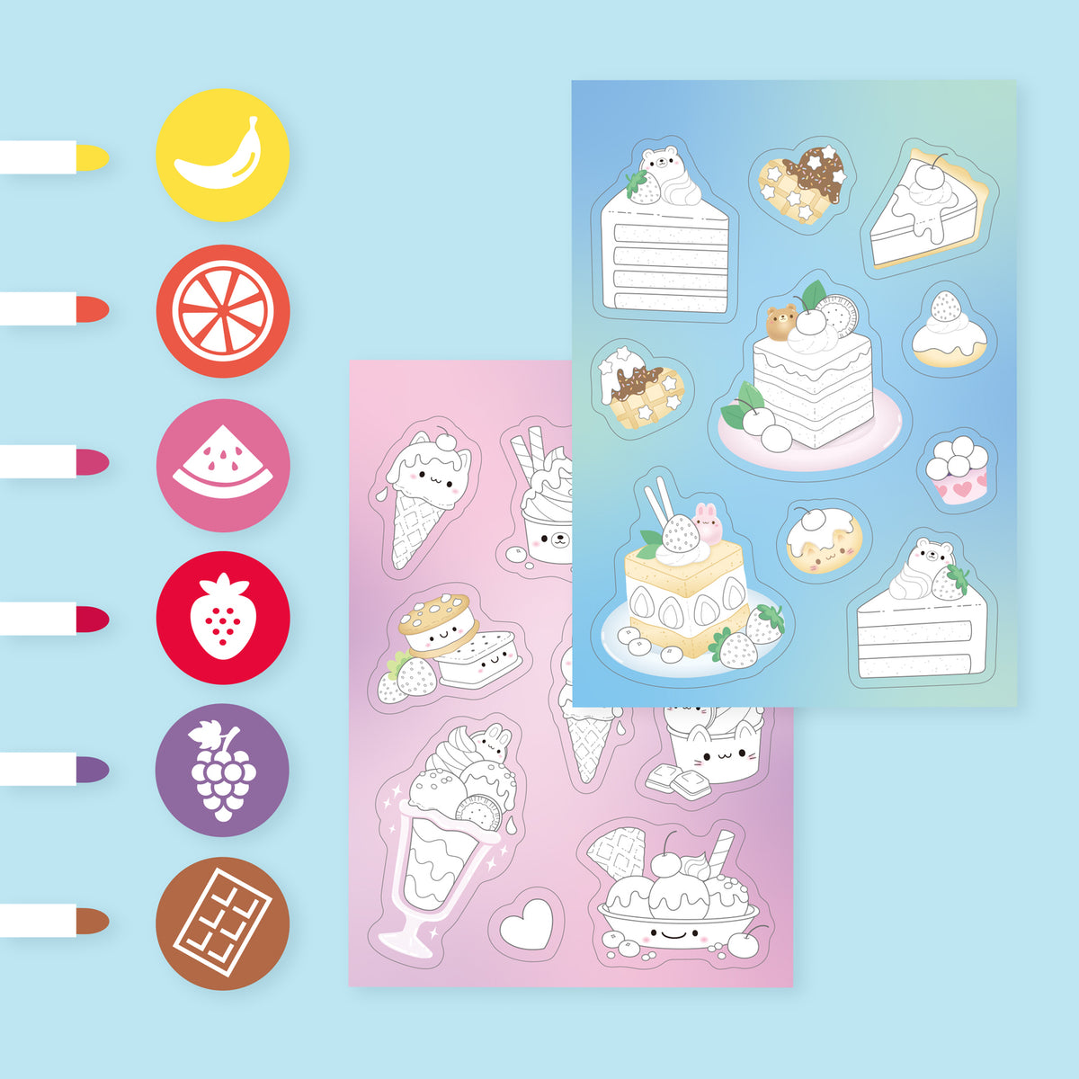 Sticker sheets with cute illustrations of cakes, ice cream, and other treats on a blue and pink gradient background.