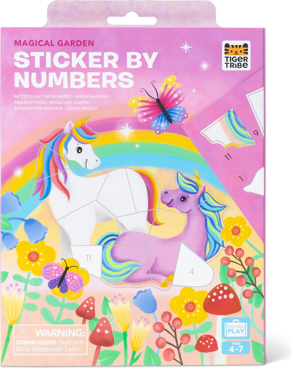 Packaging of 'Magical Garden Sticker by Numbers' with unicorn and rainbow design.