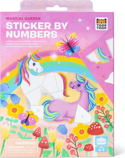 Packaging of 'Magical Garden Sticker by Numbers' with unicorn and rainbow design.