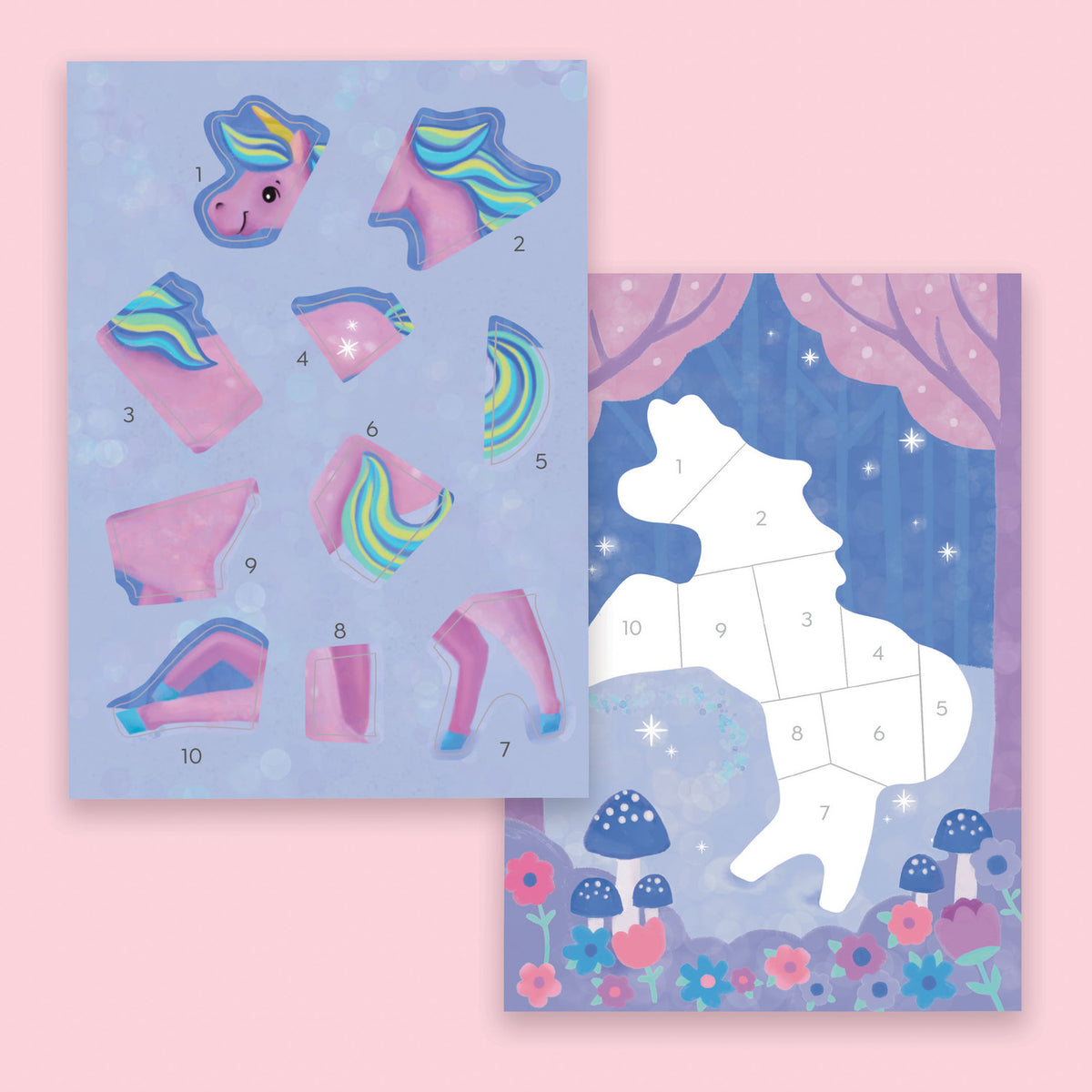 Unicorn-themed activity sheet with numbered pieces on a pink background