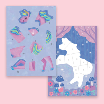 Unicorn-themed activity sheet with numbered pieces on a pink background