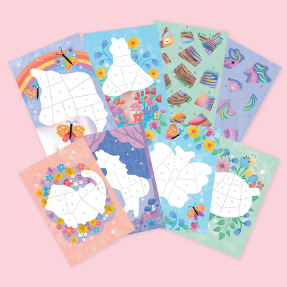 Set of children's activity sheets with animal designs on a pink background