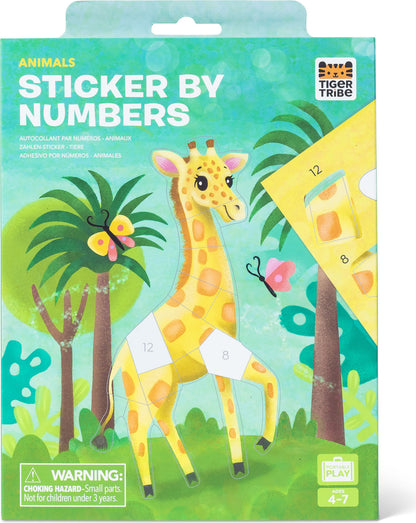 Sticker by numbers kit packaging with a giraffe illustration and jungle theme