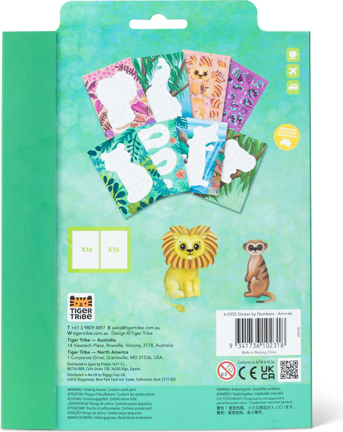 Packaging of children's stickers with animal designs on a green background