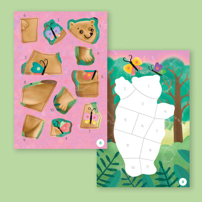 Children's activity sheet with bear and butterfly cutouts on a pink and green background