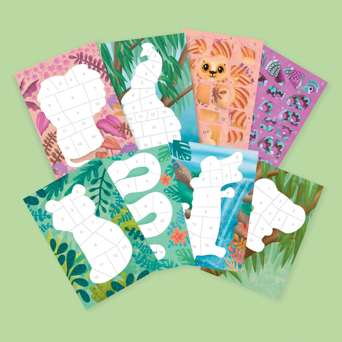 Set of children's educational cards with animal illustrations on a green background