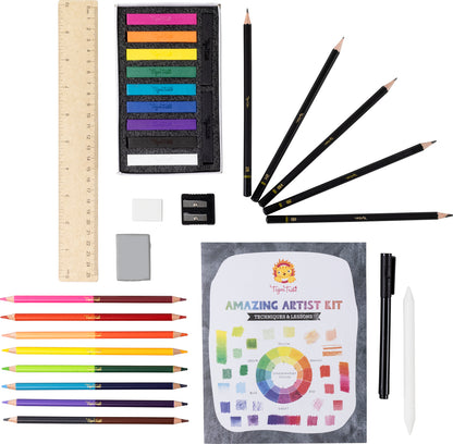 Art supplies including colored pencils, a ruler, and an artist kit on a white background