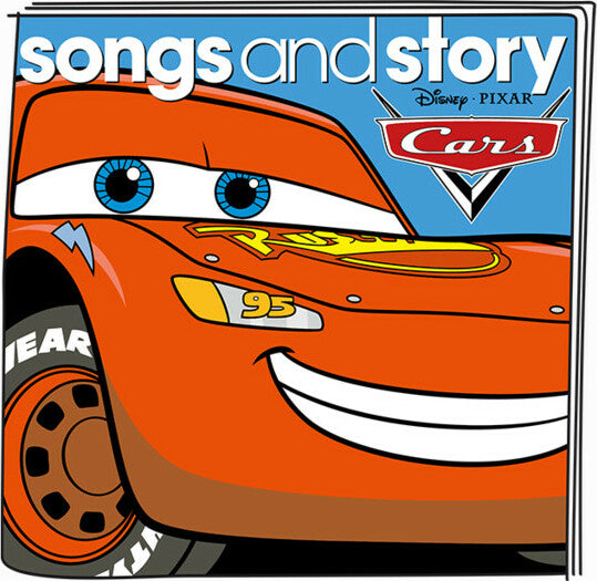 lightning mcqueen from disney/pixar movie cars. the top texts reads "song and story" above the cars logo.
