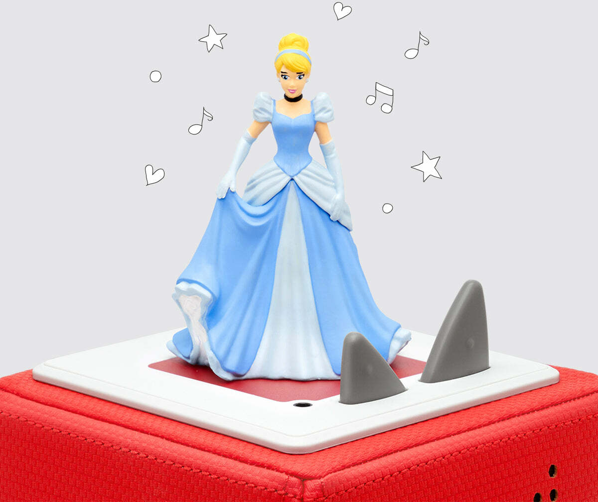 Cinderella figurine in her blue gown, standing on a toniebox, background decorated with simple line-drawn icons like hearts, stars, and musical notes.