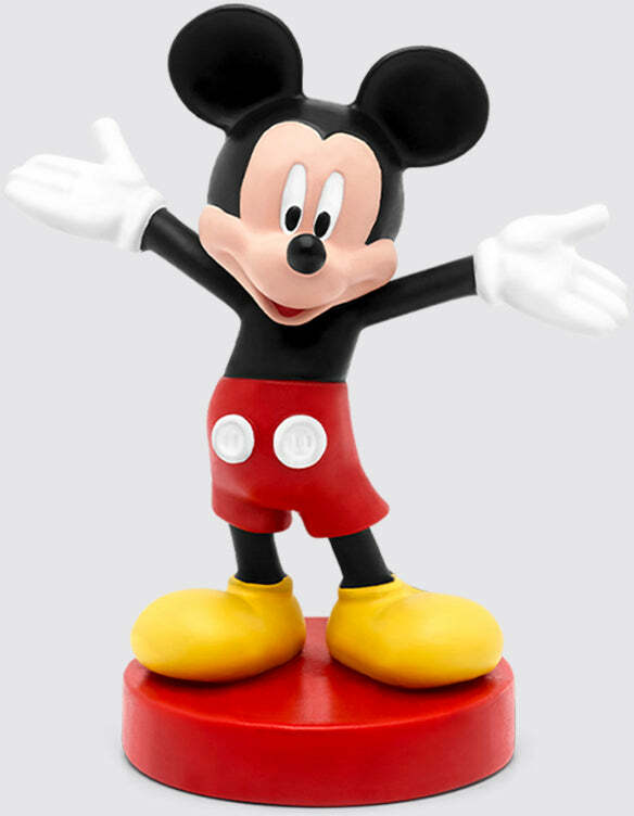 A figurine of Mickey Mouse standing with his arms raised, wearing his classic red and yellow outfit on a red base.