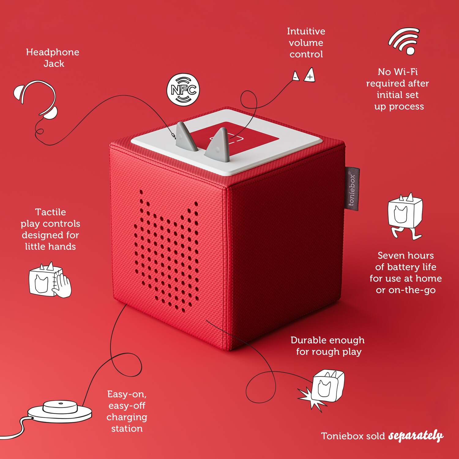 red toniebox, features highlighted include headphone jack, intuitive volume controls, no required WI-FI after setup, simple charging station.