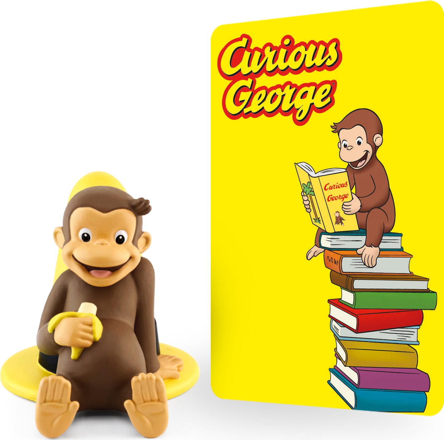 A product image featuring a small figurine of Curious George sitting next to a stack of books, with a yellow background and the 'Curious George' show title displayed.