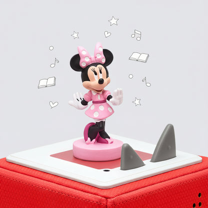 Minnie Mouse figurine on a red tonie box with decorative elements in the background