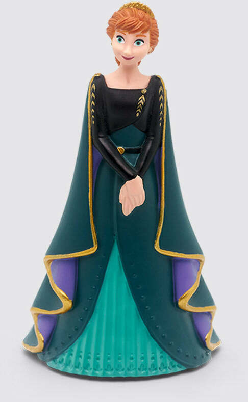 Anna Toy figure in a green and purple dress with a black top on a white background