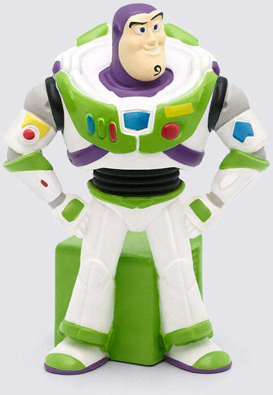 A figurine of Buzz Lightyear from Toy Story, predominantly green with white and purple accents, standing in a pose.