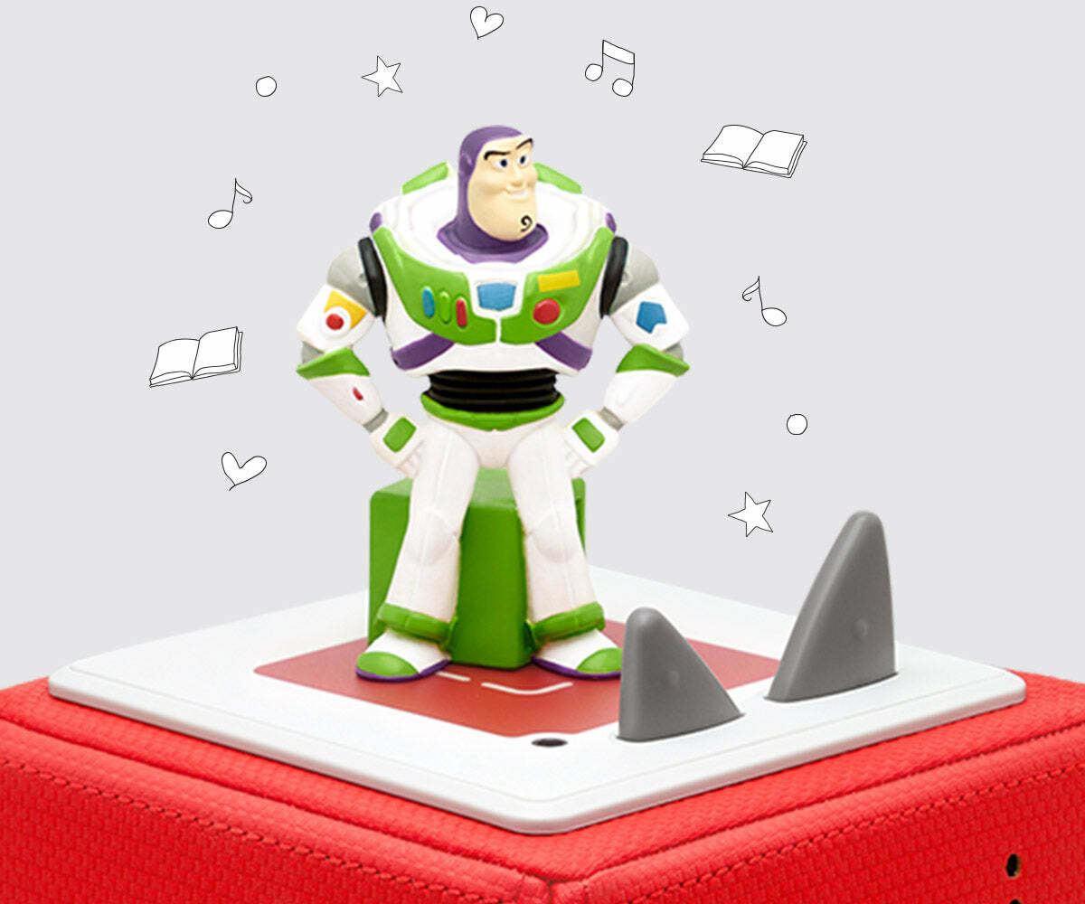 figure is buzz lightyear in his classic space ranger suit, standing on a tonie box with simple line-drawn icons like hearts and musical notes in the background.