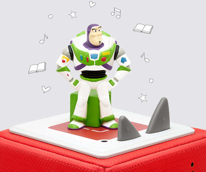 figure is buzz lightyear in his classic space ranger suit, standing on a tonie box with simple line-drawn icons like hearts and musical notes in the background.