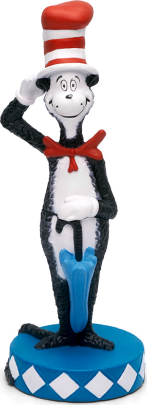 A figurine of the Cat in the Hat from Dr. Seuss books, wearing a red and white hat, standing on a blue and white checkered base.