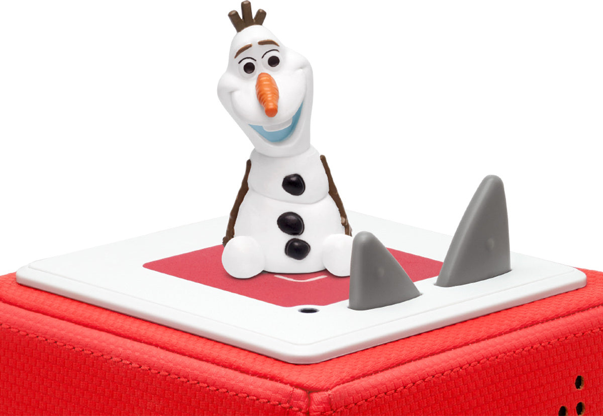 Snowman character on a red suitcase with shark fins