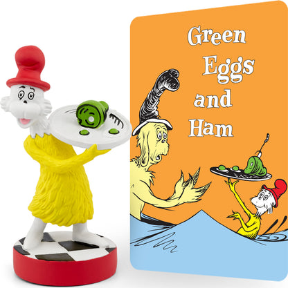 Figurine of a character from 'Green Eggs and Ham' book with a tray of food, next to the book cover.