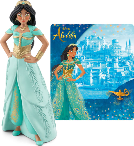 An image featuring a figurine of Jasmine from Disney's Aladdin, dressed in her iconic blue and gold outfit, alongside a Toniebox with a depiction of Agrabah.