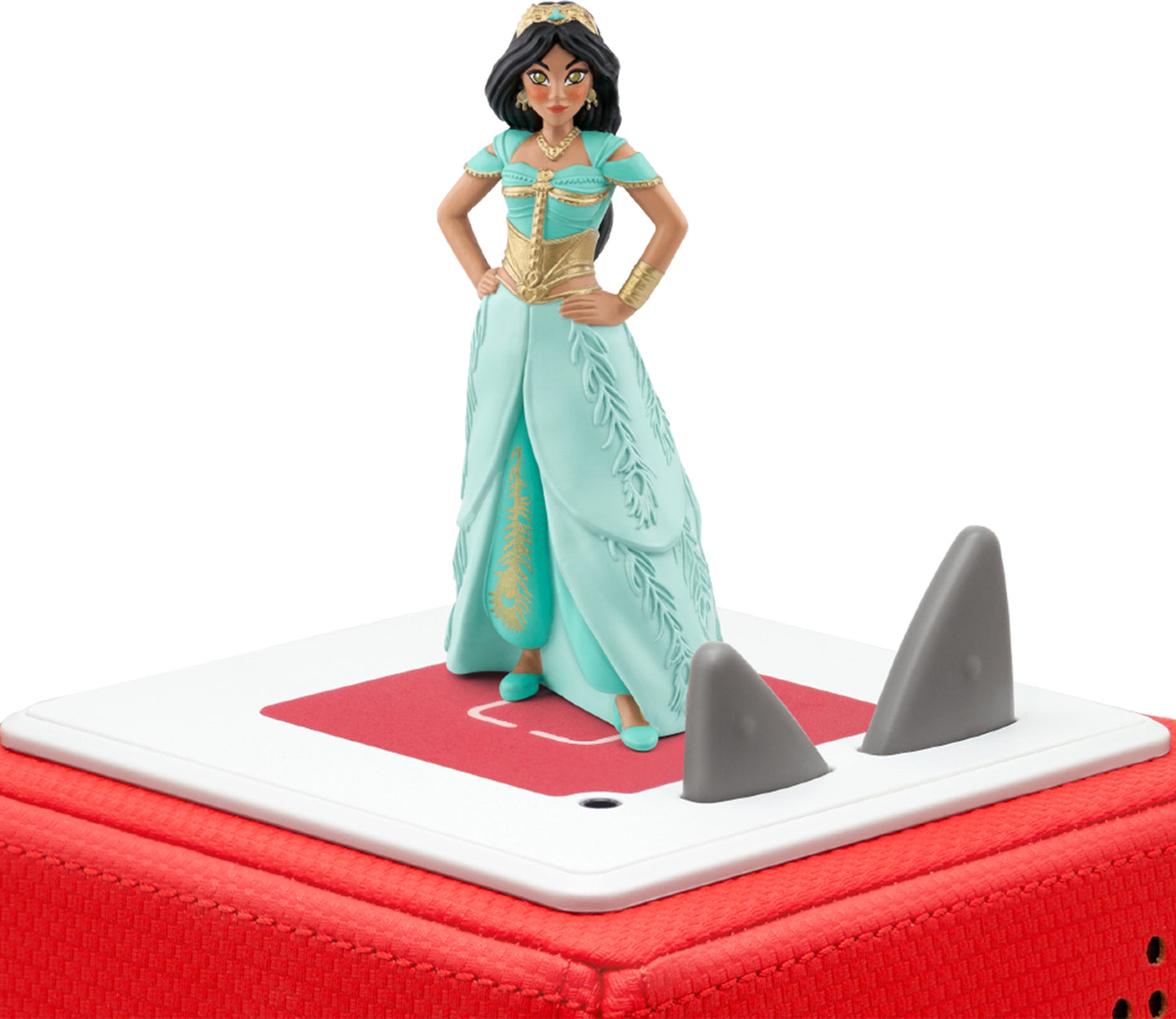 An image featuring a figurine of Jasmine from Disney's Aladdin, dressed in her iconic blue and gold outfit, on top of a red toniebox.
