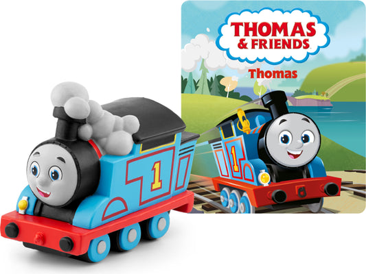 Thomas the Train Tonie, a figurine of Thomas the Tank Engine with a cartridge, against a background featuring Thomas and friends on a train track.