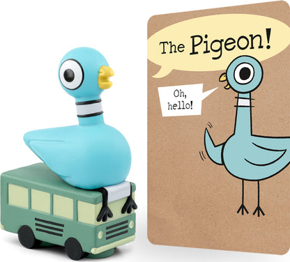 A figurine of a pigeon sitting on top of a toy bus next to it a promotional background for the book The Pigeon.