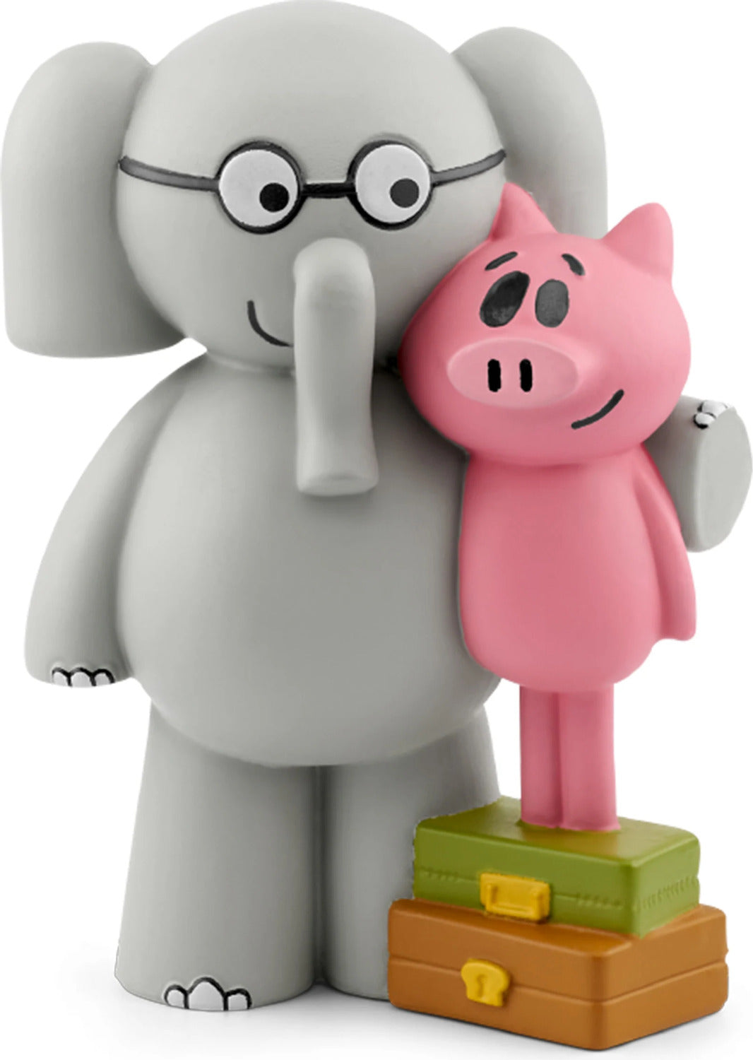 Toy figure of a gray elephant hugging a pink piggy bank with a suitcase underneath on a white background