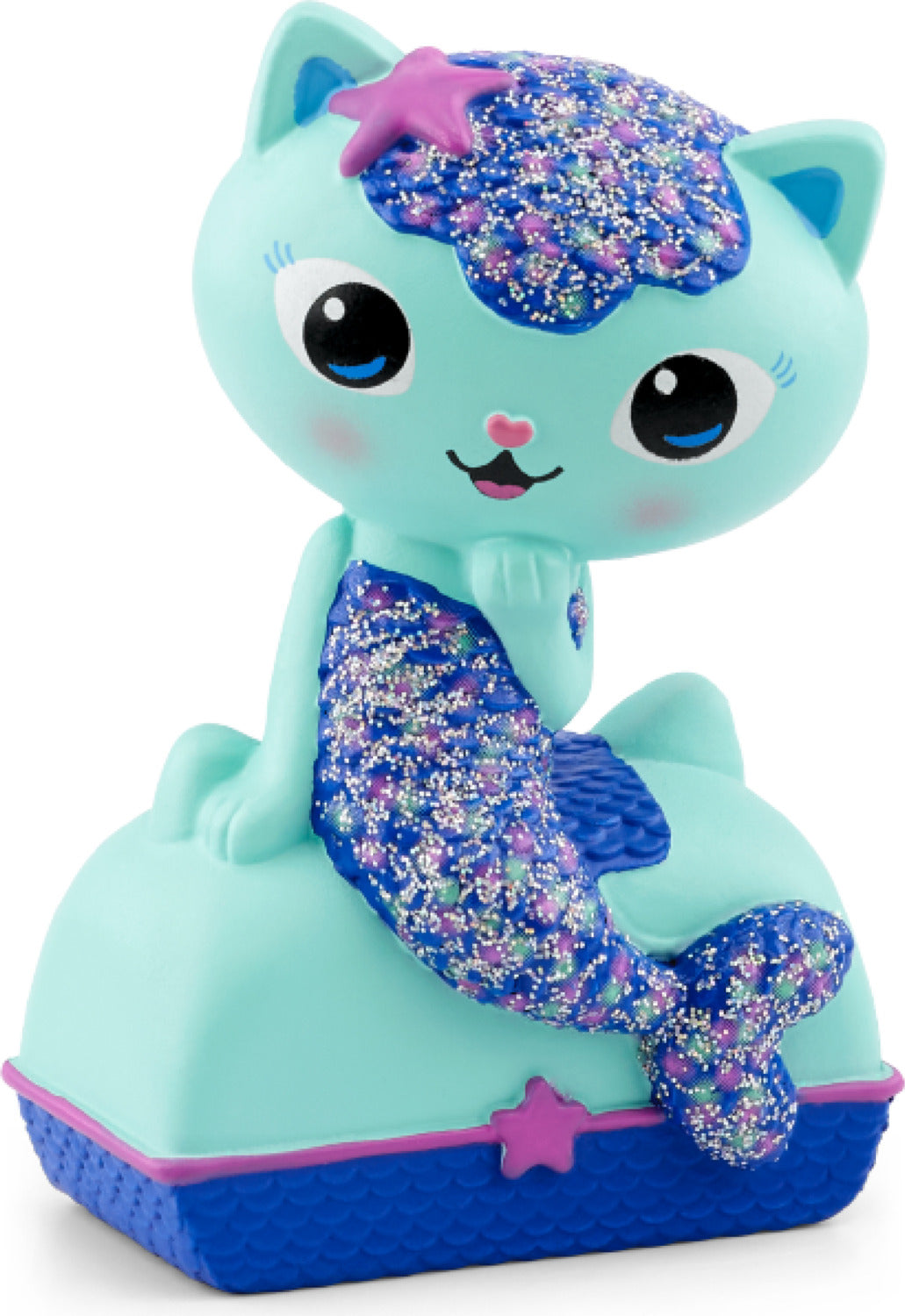 green cat with a purple mermaid tail and starfish hat on a white background