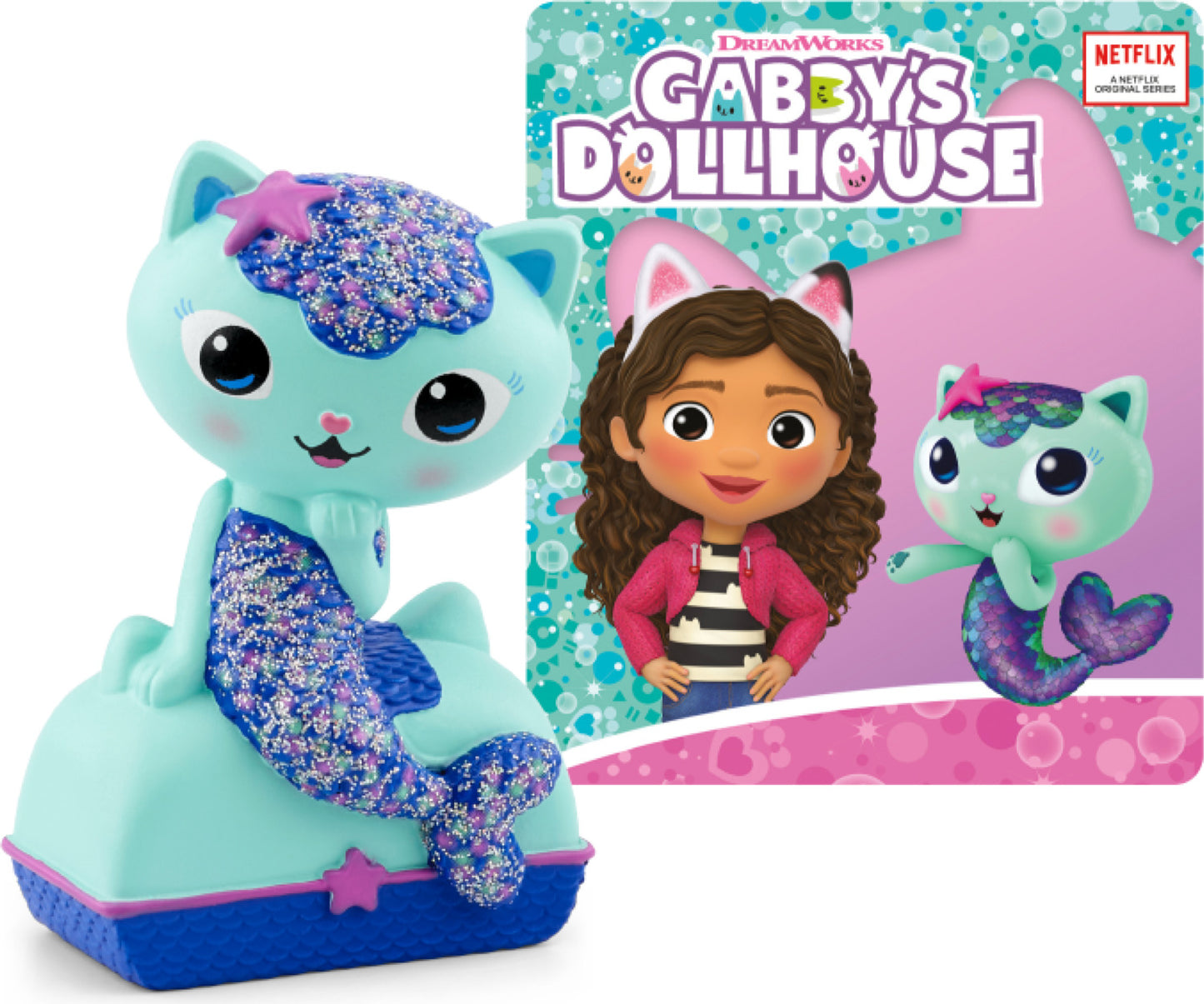  cat with mermaid tail and dollhouse packaging featuring a girl and toy cat, with 'DreamWorks Gabby's Dollhouse' branding.