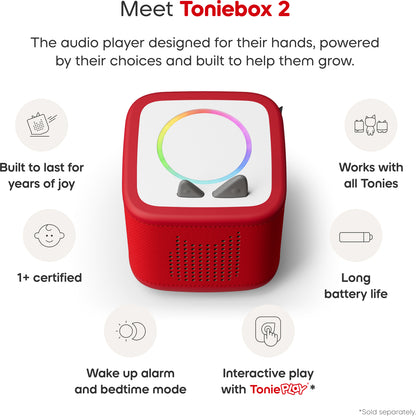 Red Toniebox 2 audio player with features listed on a white background: built to last for years.
works with all tonies.
1+ certified.
long battery life.
wake up alarm and bedtime mode.