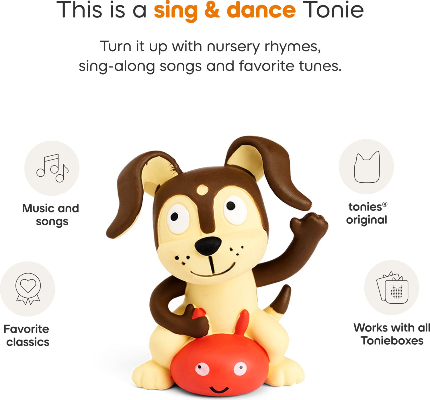 Toy dog with a red ball, featuring text about singing and dancing Tonie toys.
