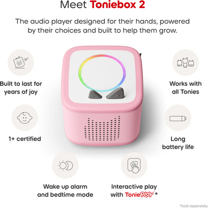 Pink Toniebox 2 audio player with features listed on a white background:
built to last years.
1+ certified.
wake up alarm and bedtime mode.
long battery life.
work with all tonies.