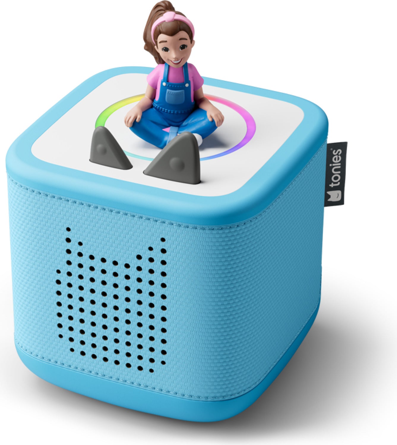 Blue toy speaker with a figurine on top, featuring the Tonies brand.