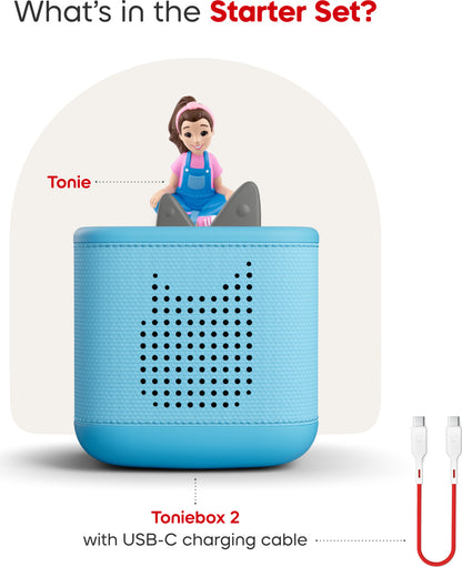 Toniebox 2 with Tonie doll and USB-C charging cable on a white background