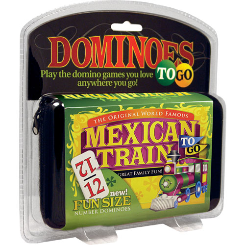 Packaged version of Mexican Train dominoes game with colorful design and text.