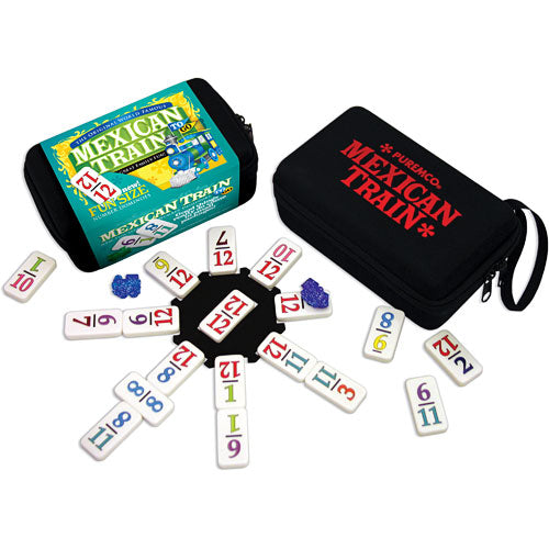 Mexican Train game set with tiles and carrying case on a white background