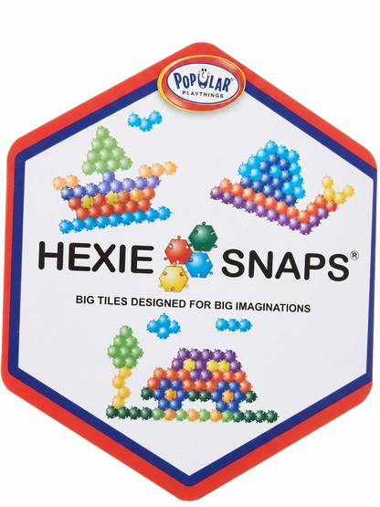 Hexagonal Hexie Snaps toy packaging featuring colorful snap tiles and the Popolar Playthings logo, on a white background.